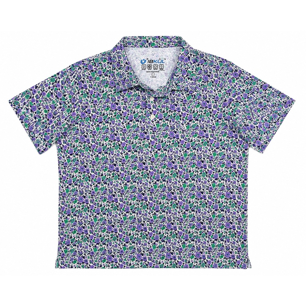 IBKUL Mens L Floral Golf Polo Shirt UPF 50+ Cooling Purple Green Performance